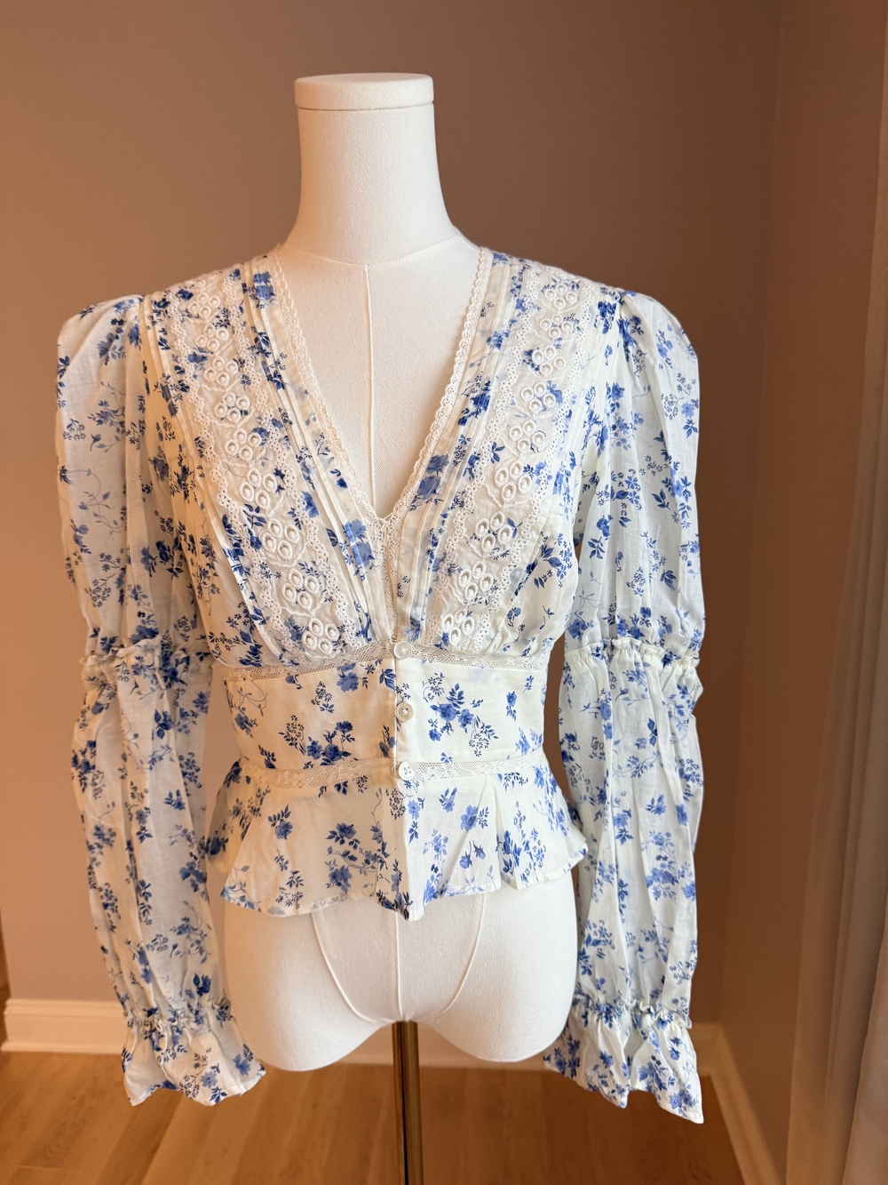 Blue Floral Lace-Trim Peplum Blouse - Women's Top